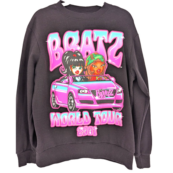 VTG Y2K Bratz Dolls World Tour 2001 Graphic Black Crewneck Oversized Sweatshirt - Picture 1 of 7